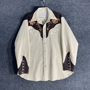 Vintage H Bar C Western Shirt Men’s XL Beige Brown Embroidered Snap Pearl
